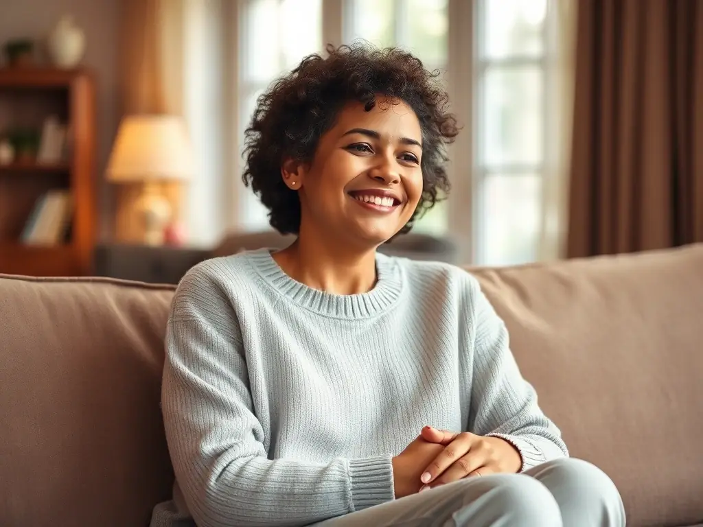 A person with a relaxed posture, sitting comfortably, symbolizing relief from chronic pain through stressor therapy.