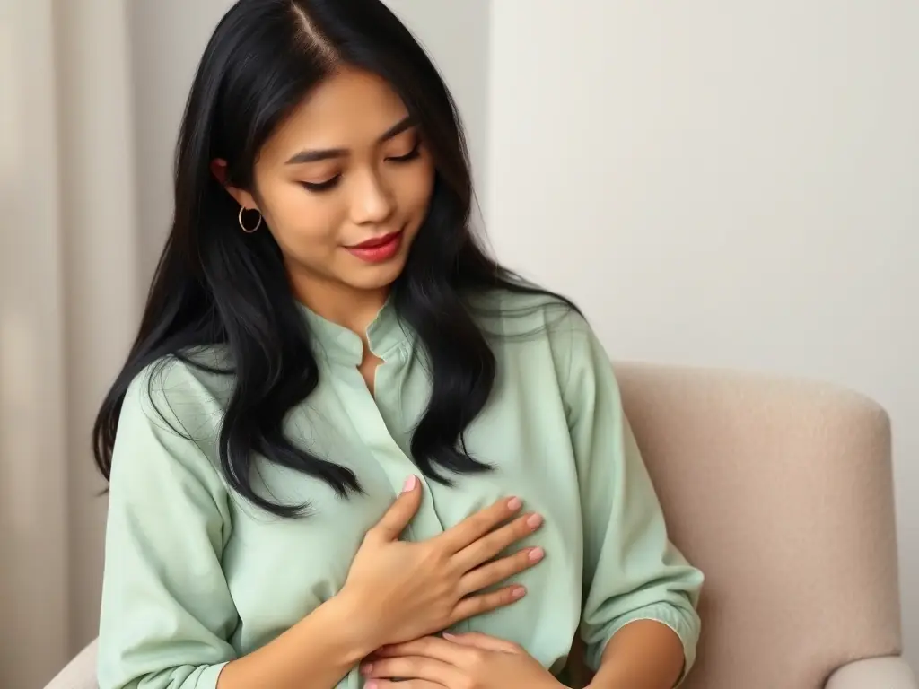 A person with a calm expression, gently holding their stomach, representing relief from digestive issues through stressor therapy.