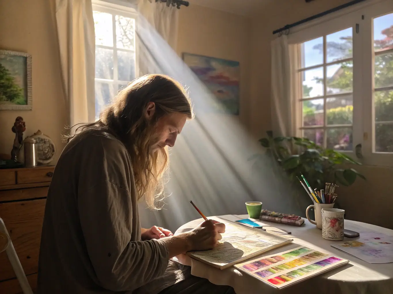An individual engaging in a hobby they love, such as painting or playing music, illustrating a renewed sense of purpose and passion through stressor therapy.